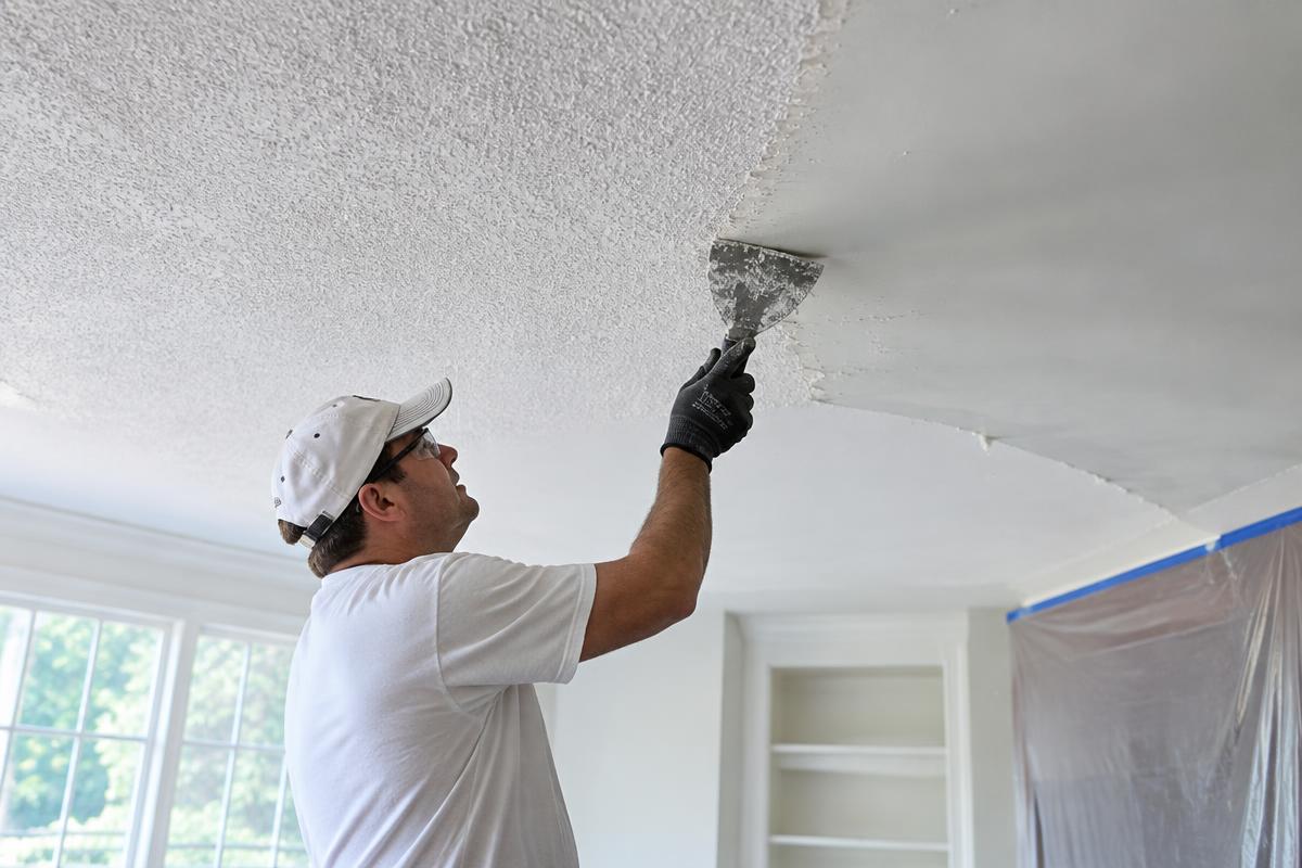 Technician scraping popcorn ceiling texture in a Tamarac home